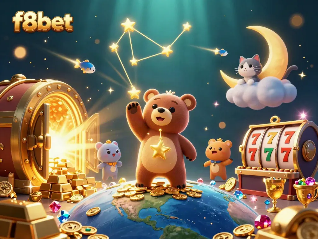 Spin to win at f8bet with dynamic cartoon characters, slot reels, and golden treasures!