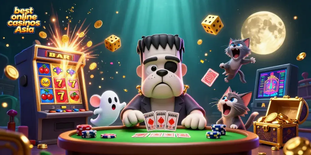 Experience the excitement at the best online casinos Asia with colorful characters and a casino theme.