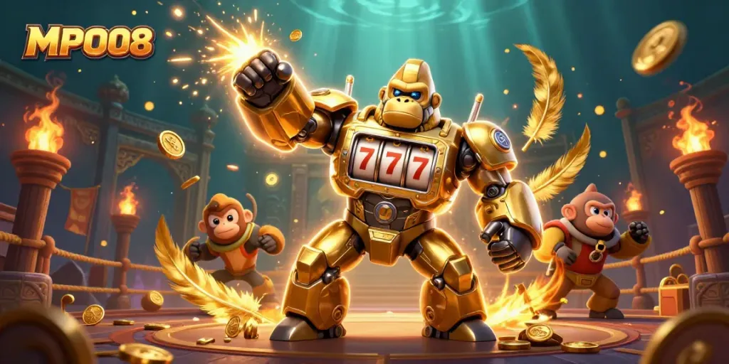 MPO08 showcases an exciting golden gorilla mech with explosive coins, symbolizing epic gambling wins.