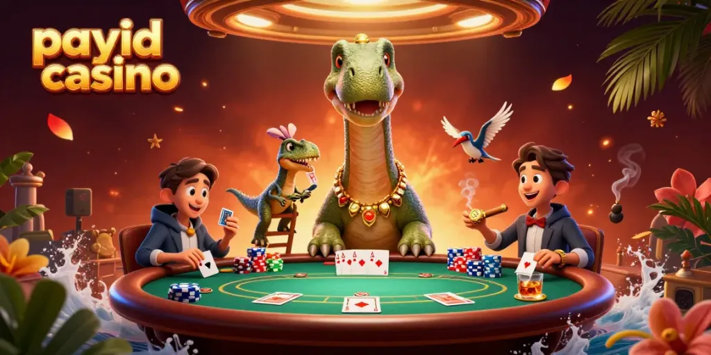 Experience the excitement of PayID casinos with a whimsical dinosaur-themed poker scene.