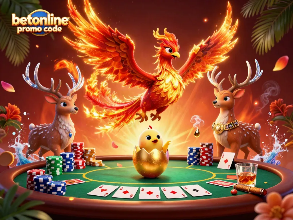 Engage with the latest betonline promo code amidst an exciting poker scene filled with vibrant characters and elements.