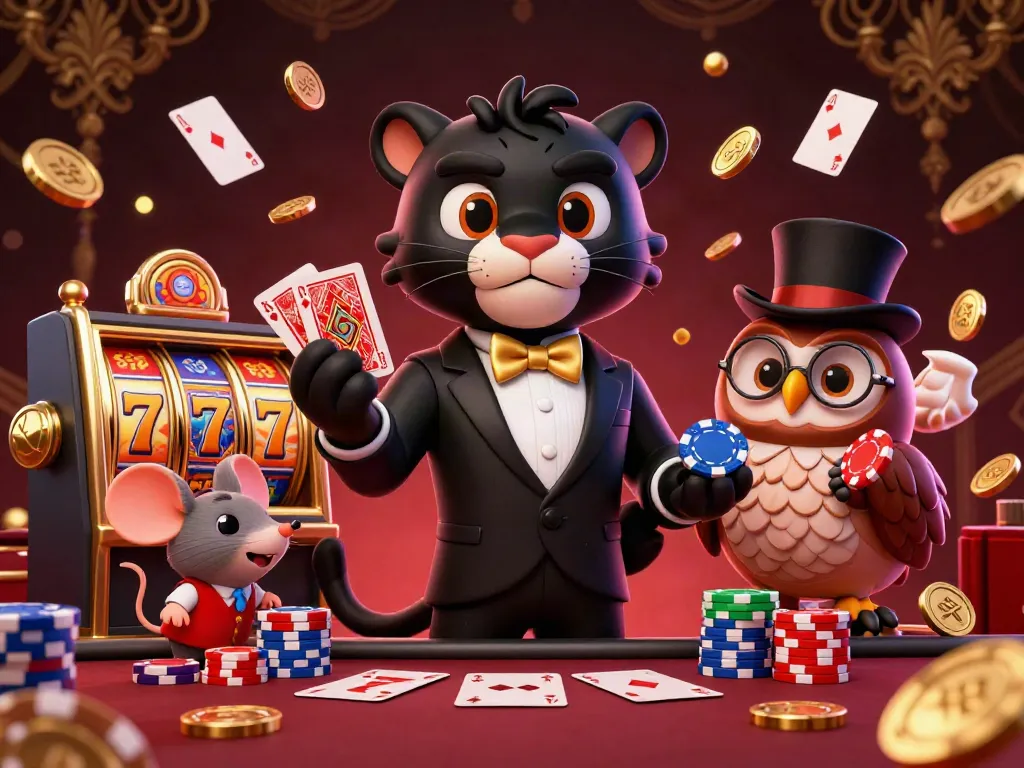 Experience fast payouts at IDQQ88 with a playful cartoon panther and vibrant gambling elements.