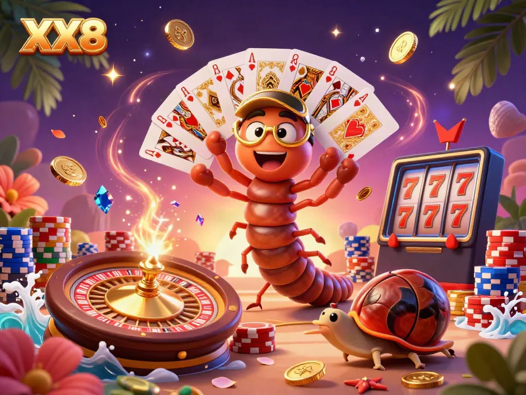 Experience the vibrant energy of XX8 Casino with a cartoon dealer and high-roller characters surrounded by gleaming casino elements.