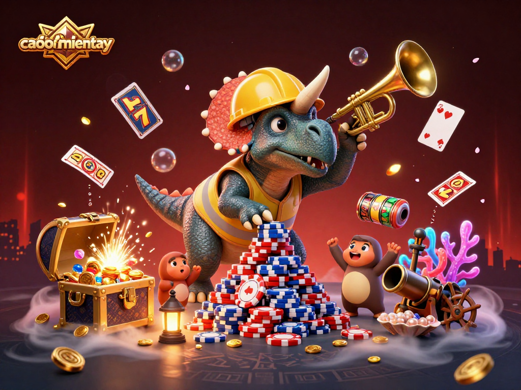 Engage in thrilling challenges with caoboimientay's colorful 3D casino scene featuring poker chips and festive characters.