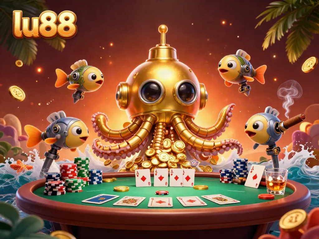 Experience the excitement of lu88 with a kraken submarine in a rich, dynamic casino scene.
