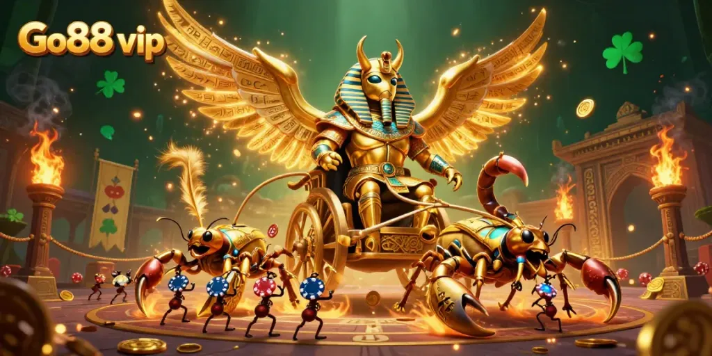 Engage with Go88 vip in a vibrant scene featuring a golden scarab, scorpions, and ant soldiers.