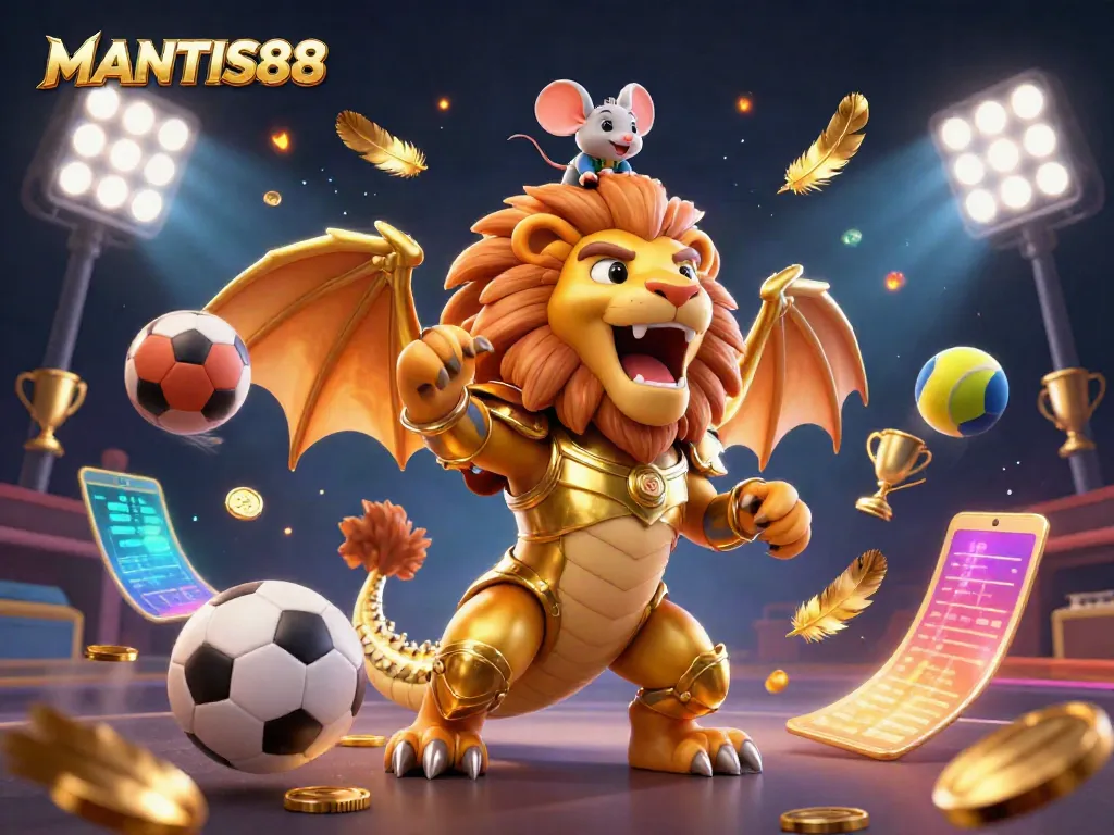 MANTIS88 showcases an epic scene with a chimera and a mouse jockey among vibrant sports elements.