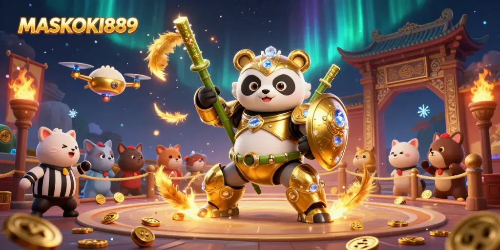 Engage in the excitement of MASKOKI889's dynamic casino arena featuring a mech-suit panda, battling amidst cheers!