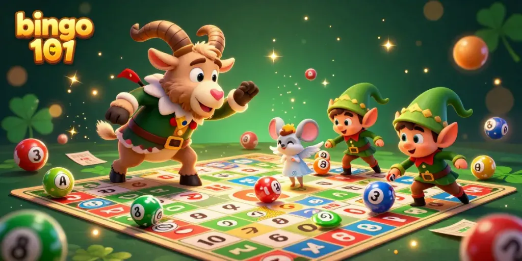 Bingo 101 featuring lively bingo characters amidst action and colorful elements, capturing an engaging mobile gaming experience.