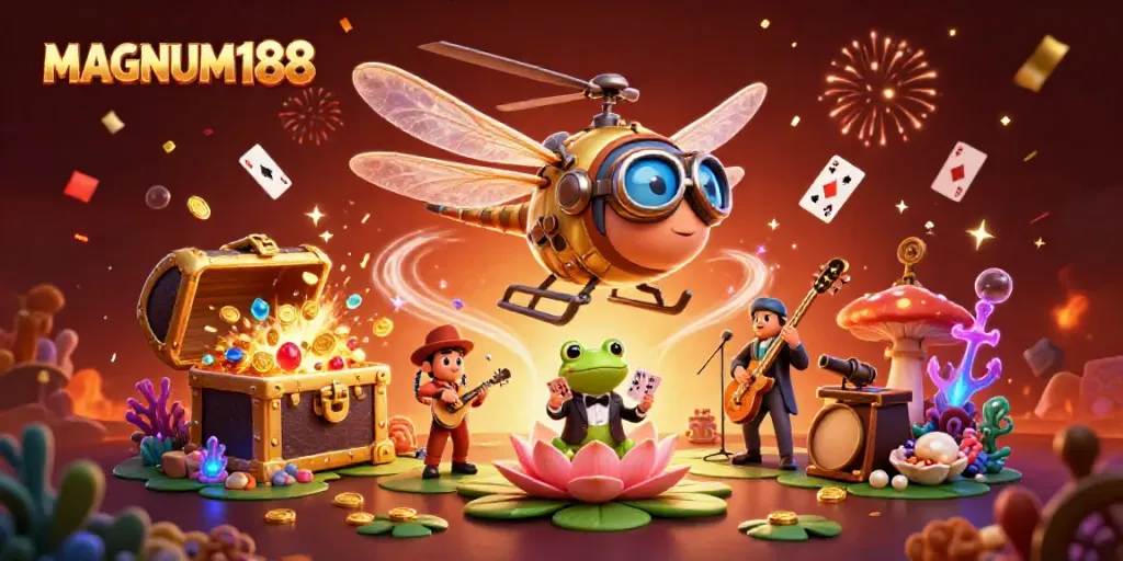 Experience the thrilling MAGNUM188 casino adventure with vibrant characters and dynamic gambling action!