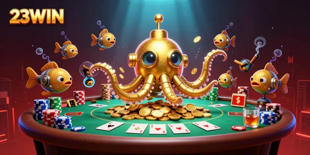 Experience the thrilling gameplay at 23WIN featuring a golden kraken submarine and poker elements.
