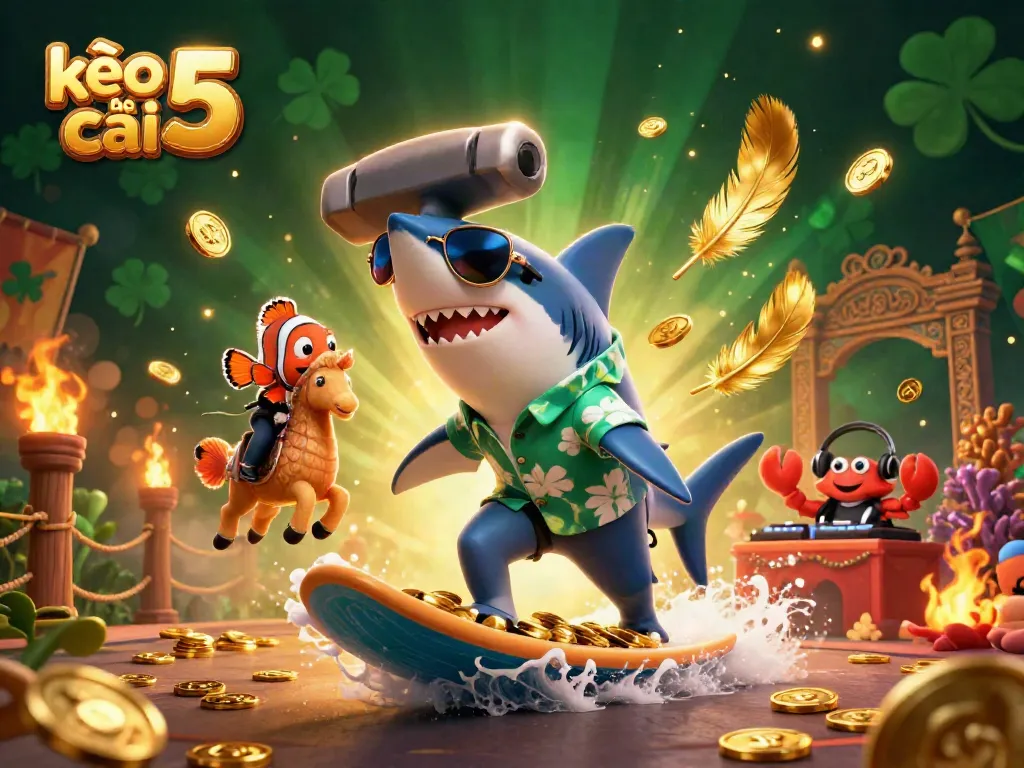 Engage with the vibrant scene showing kèo nhà cái 5, featuring a shark and clownfish amidst casino elements for a thrilling betting experience.