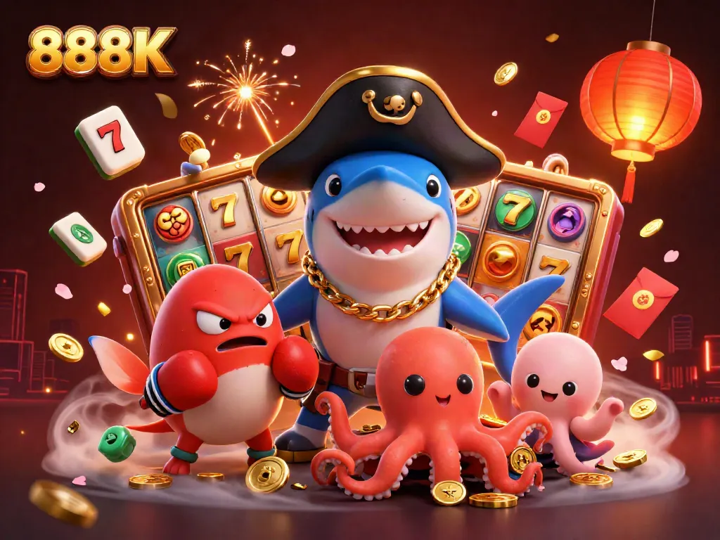 Engage with thrilling 888K slots action featuring a pirate shark, pufferfish, and octopus in a dynamic casino scene.