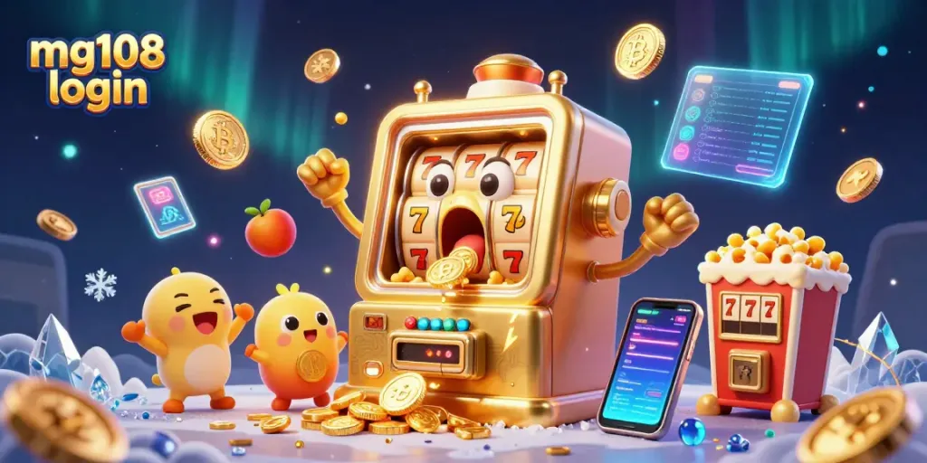 Login mg108 dengan mesin slot tercanggih merayakan jackpot dan koin berlimpah yang mengelilinginya.