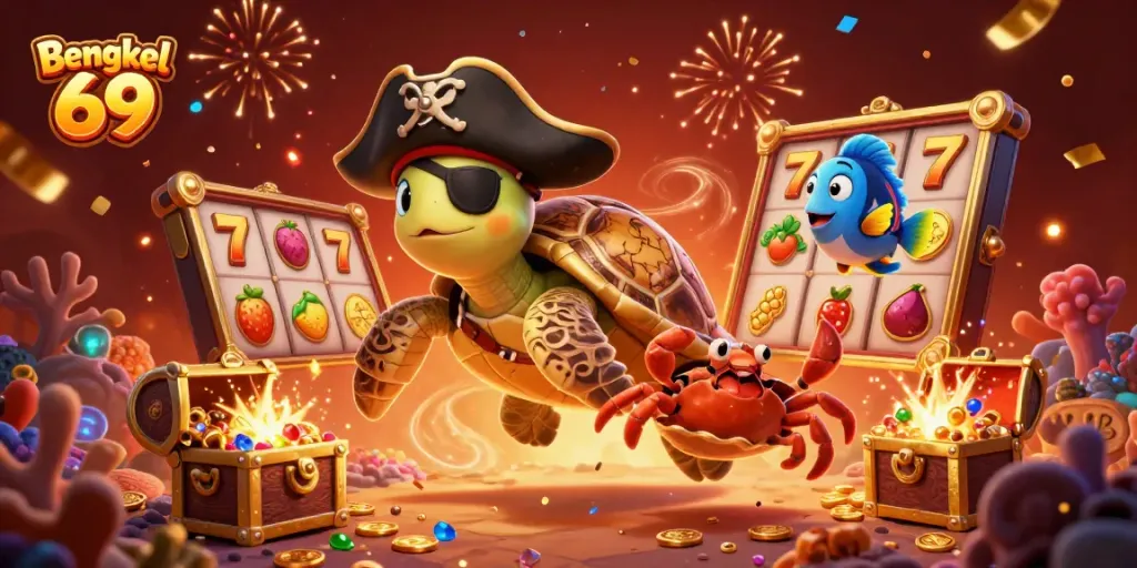 Bengkel 69 showcases an adventurous 3D casino scene with colorful slot game elements, celebrating treasure.
