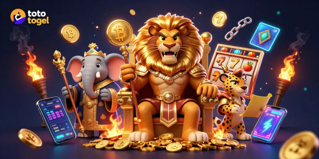 Toto togel menawarkan pengalaman menarik dengan simbol slot dan jackpot dalam ilustrasi 3D penuh warna ini.