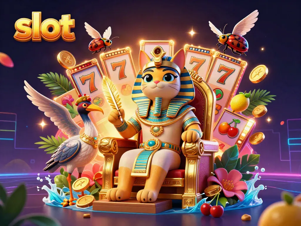 Engage with vibrant slot reels and an Egyptian theme featuring a pharaoh cat and ibis scribe.