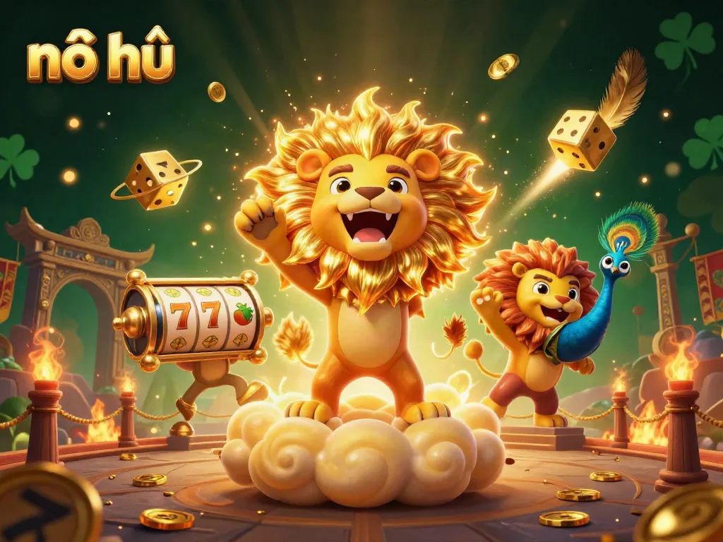Spin to win with nổ hũ in this vibrant slot-themed 3D illustration featuring golden symbols.
