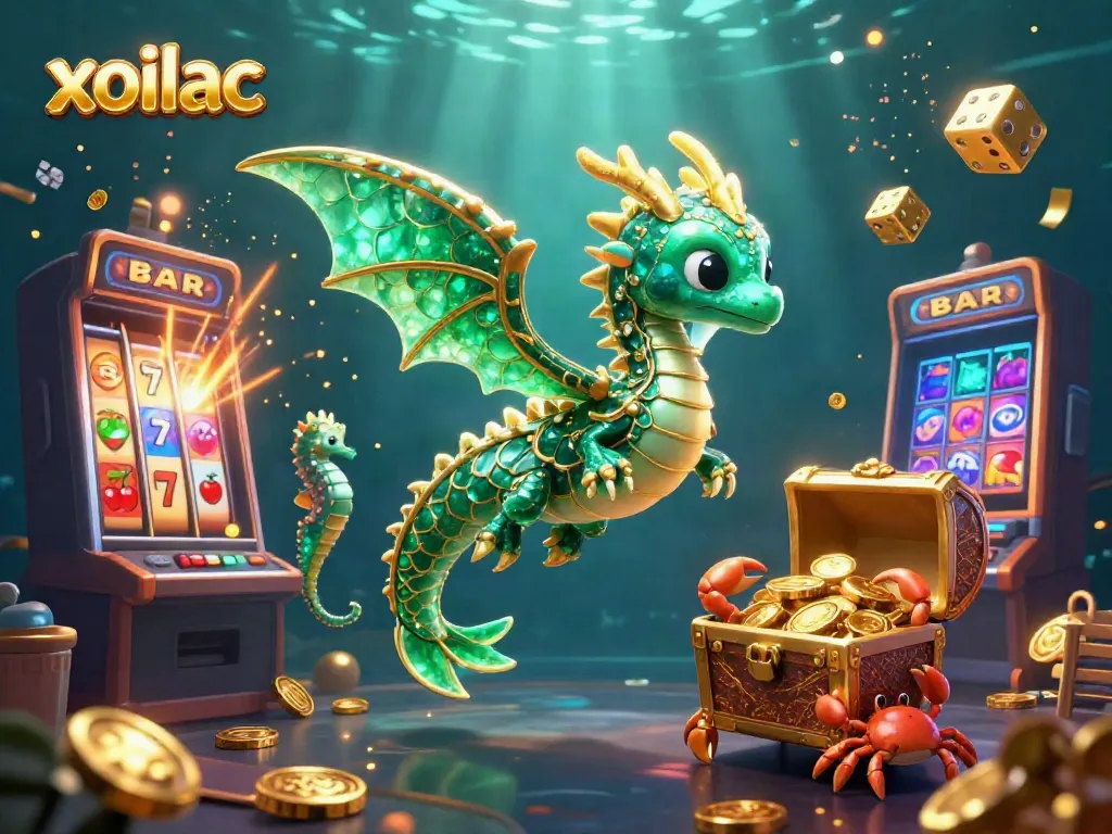 Xoilac showcases an energetic casino scene with a majestic sea dragon, colorful slots, and treasure chests.
