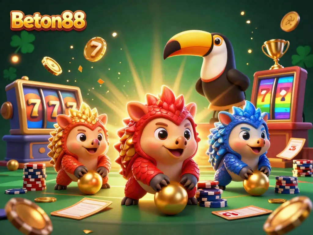 Beton88 menghadirkan pangolin bersaing yang terlibat dalam permainan slot yang seru dengan banyak elemen kasino.