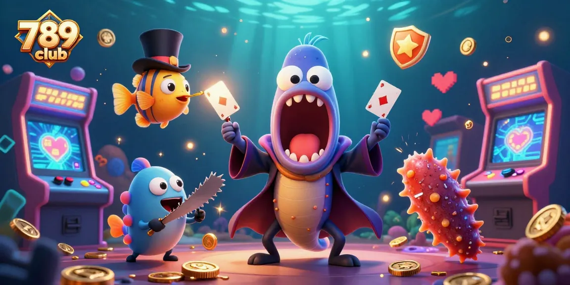 Experience thrilling games at the 789 club with a vibrant underwater casino scene featuring playful characters.
