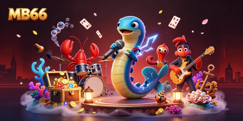 Experience the vibrant MB66 underwater casino scene with a DJ electric eel and band performing.