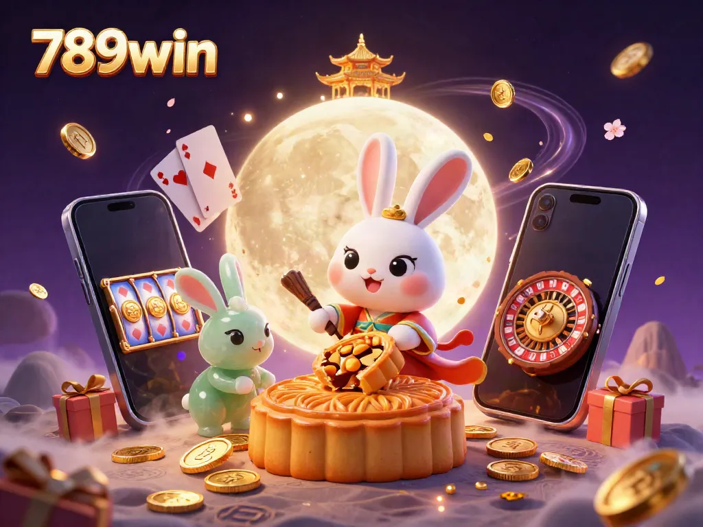 Engaging scene showcasing 789win as a moon rabbit pounds mooncakes revealing poker chips, symbolizing online gaming excitement.