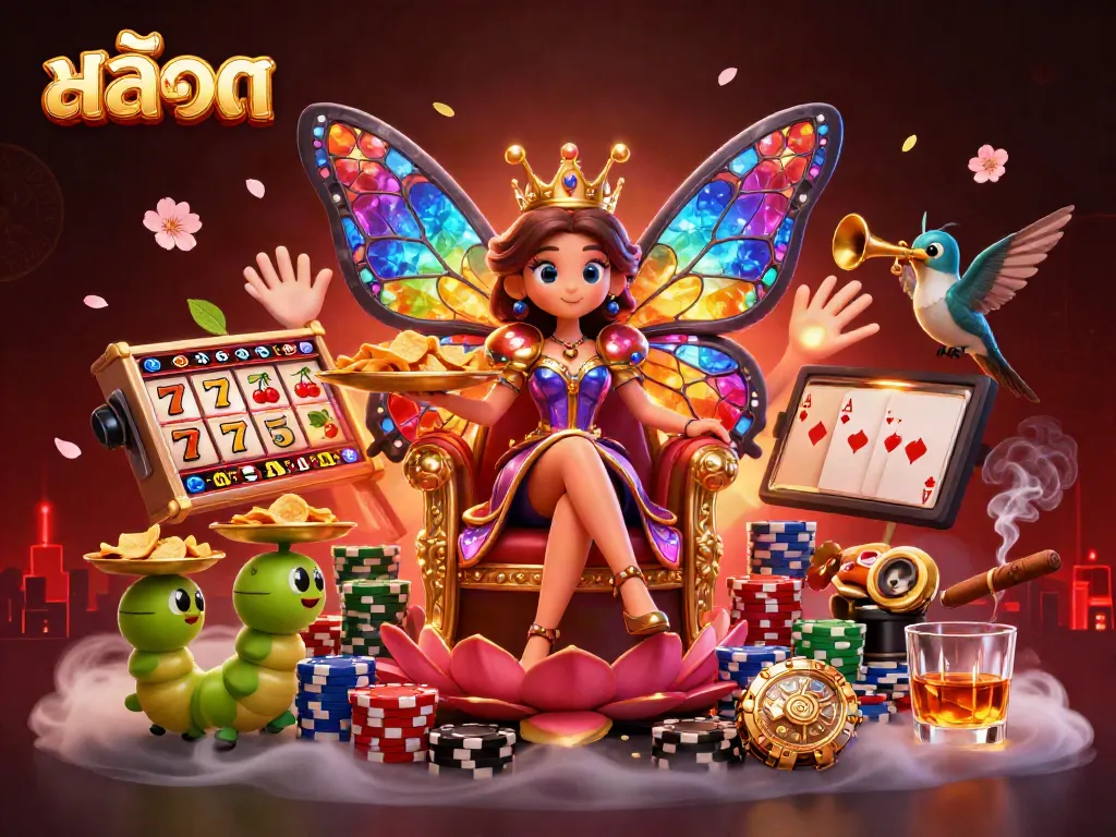 Experience the excitement of สล็อต with a vibrant 3D illustration showcasing a butterfly queen and slot reels.