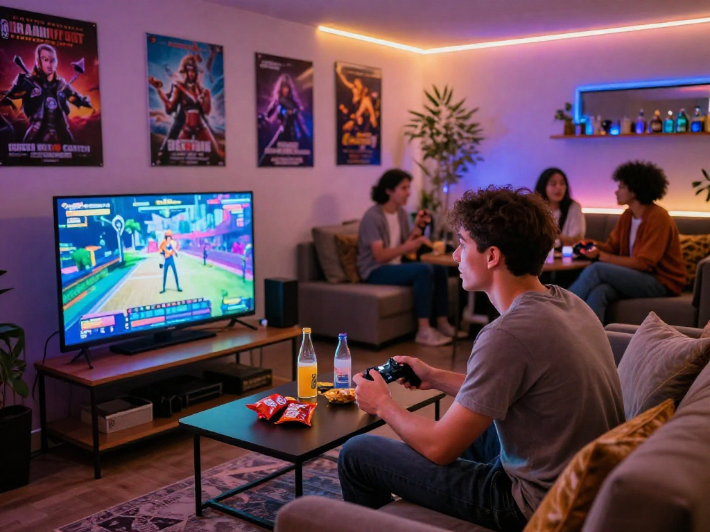 Play online porn games in a cozy lounge setting with friends, vibrant atmosphere.