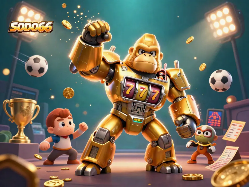 SODO66 energizes the gaming scene with vibrant sports elements, a dynamic golden gorilla mech, and explosive winnings!