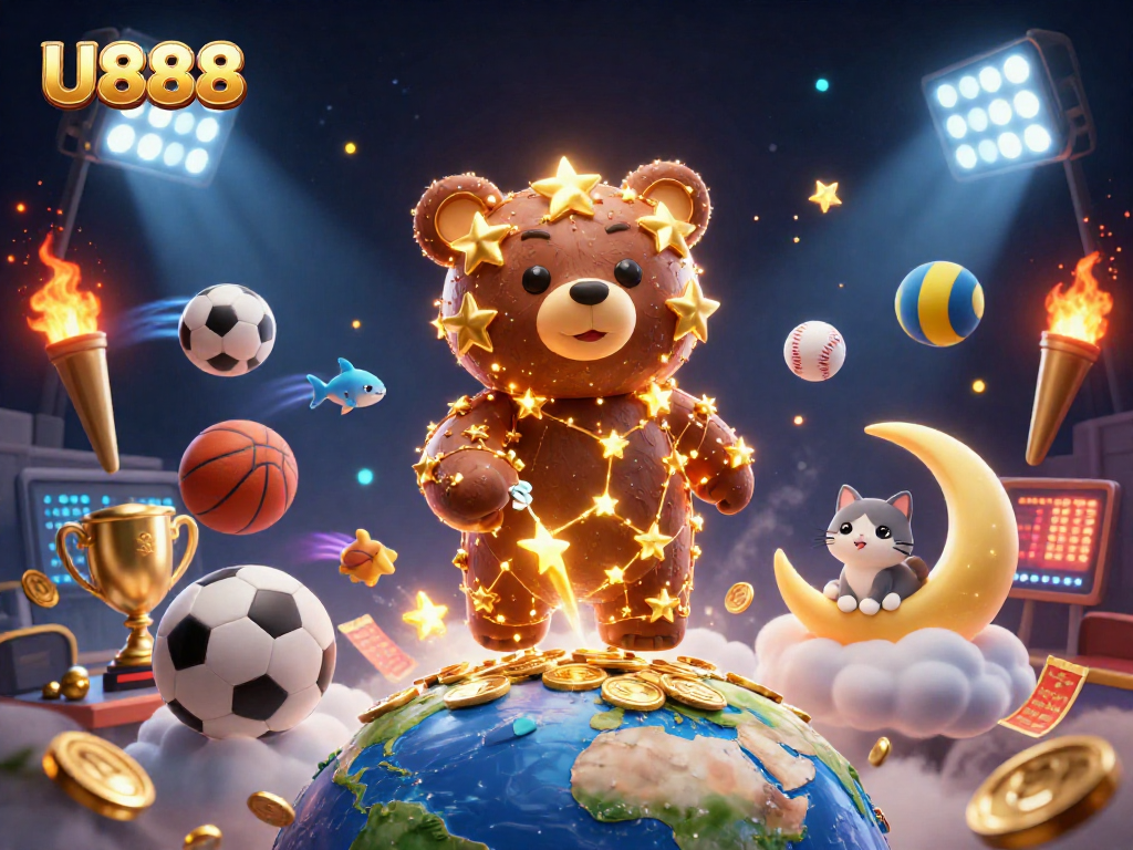 U888 constellation bear scoops coins in a vibrant casino scene with sports betting elements.