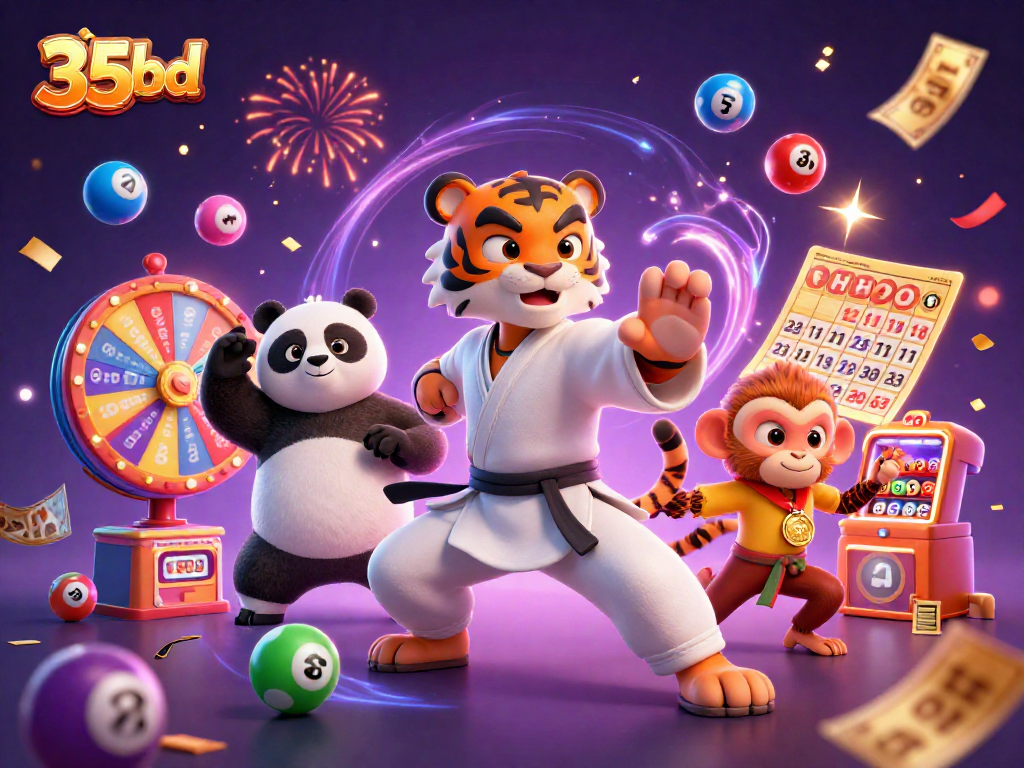 Celebrate big wins with 35bd in this vibrant lottery scene featuring a kung fu tiger!