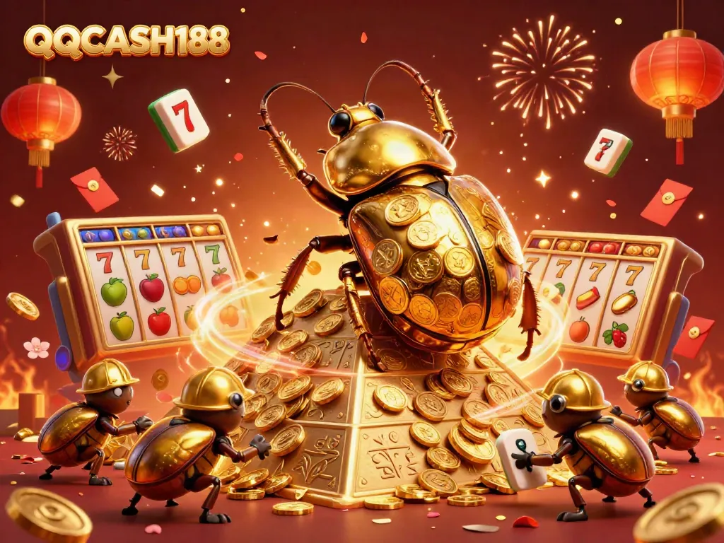 Experience QQCASH188 exciting gameplay with the massive golden dung beetle in a vibrant casino world.