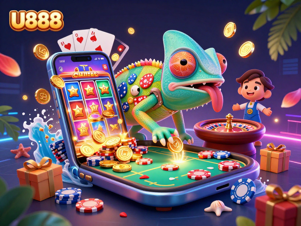 Engage with U888's vibrant casino experience featuring a playful chameleon collecting coins.