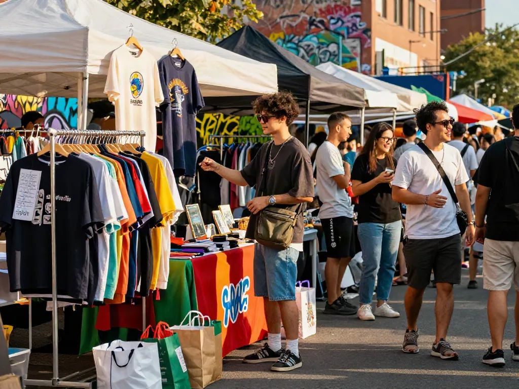 Youth browsing trendy streetwear at a vibrant urban market for peh888 fashion.