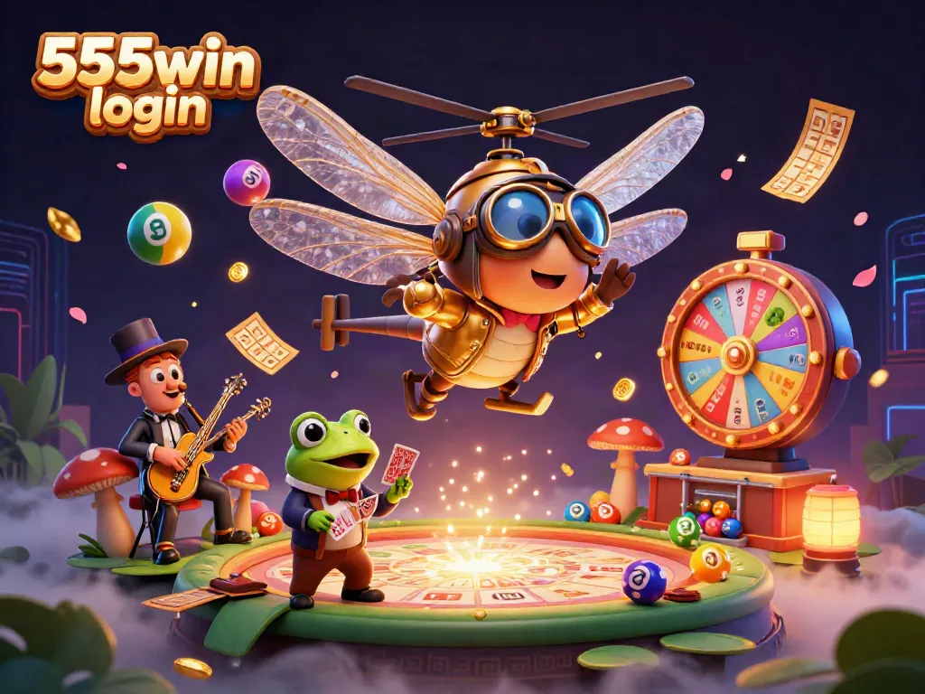 Experience the excitement of 555win login with vibrant casino-themed illustration featuring dynamic characters and game elements.