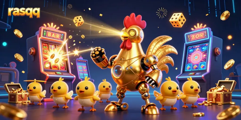 Experience the thrills at rasqq with a laser-eyed golden rooster robot among vibrant casino elements.
