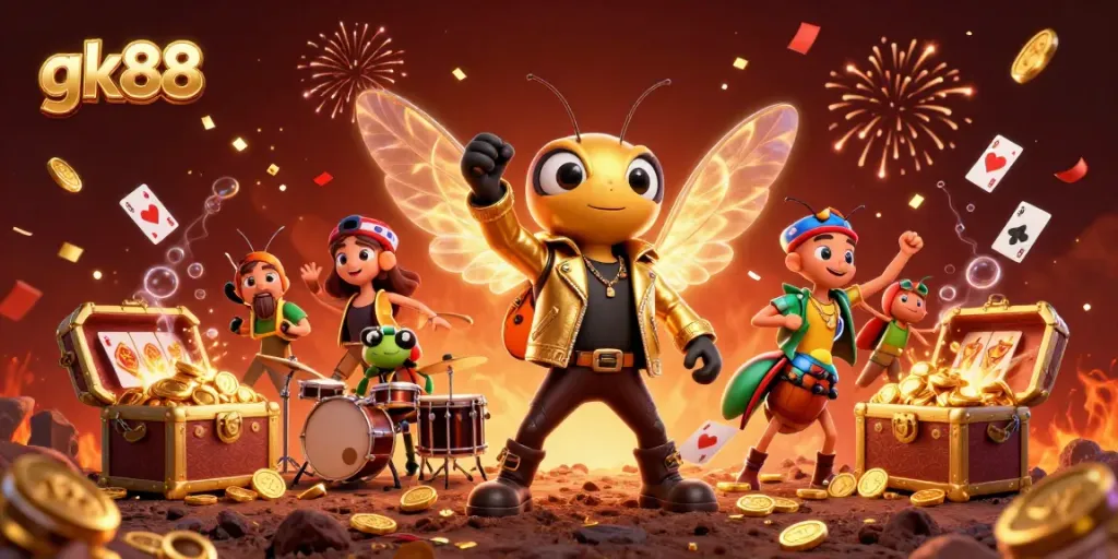 Engage with gk88's vibrant gaming scene featuring a rock star cicada amidst golden treasures, lively atmosphere, and diverse casino elements.