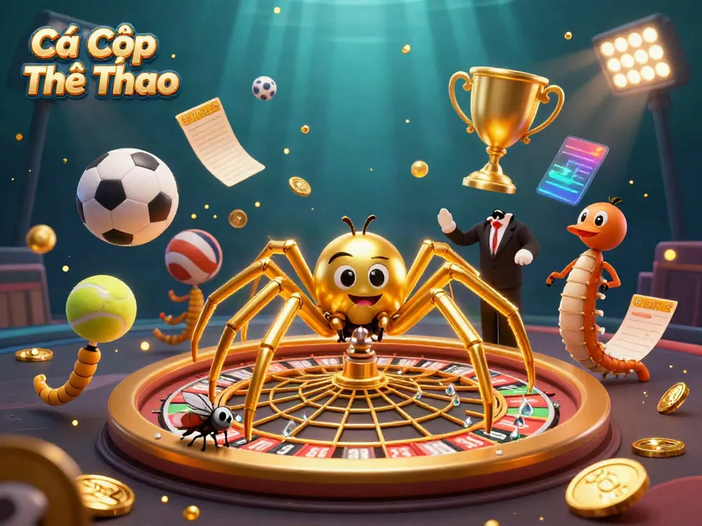 Engage in Cá Cược Thể Thao with a golden spider and dynamic sports elements in a thrilling betting scene.