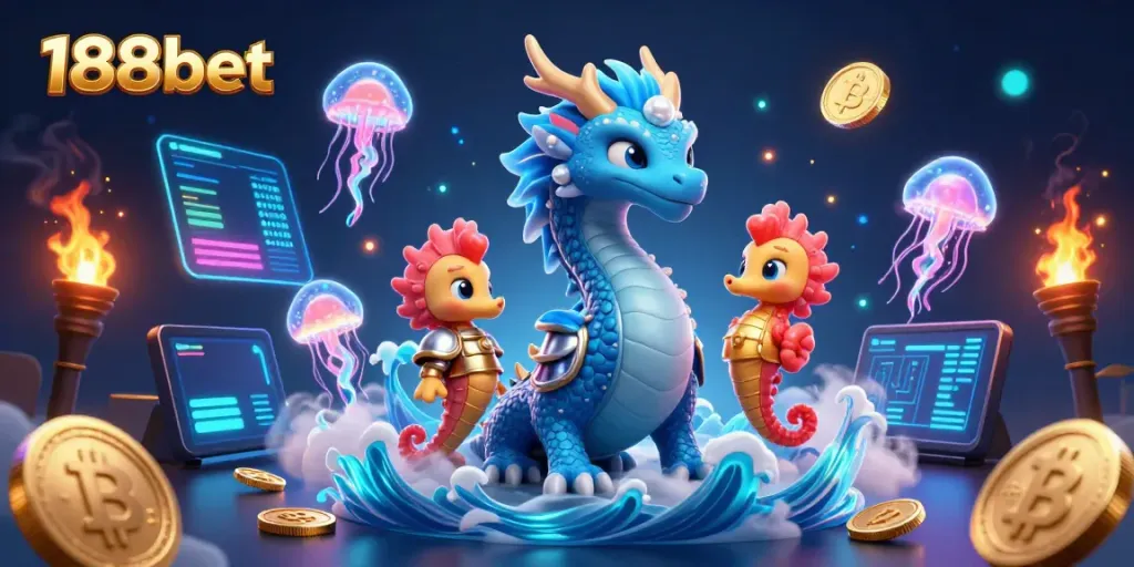 Experience vibrant gaming with 188bet's azure dragon, seahorse knight, and glowing coins, showcasing the online betting cosmos.