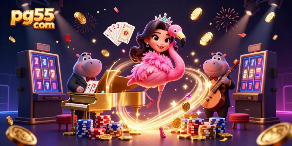 Experience the thrill of pg55 com with lively casino vibes, showcasing a flamingo singer and hippo bassist.