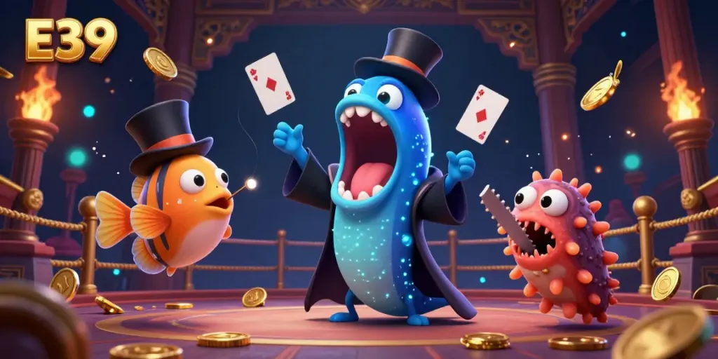 E39 magical casino scene with deep-sea creatures performing tricks, highlighting an engaging gambling atmosphere.