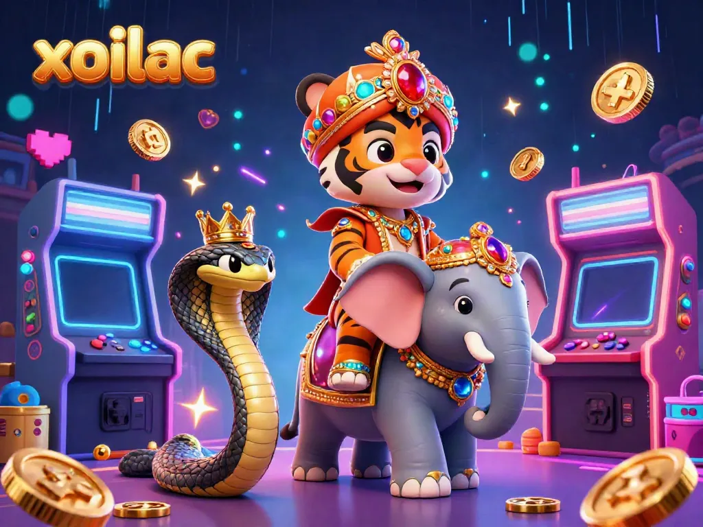 Xoilac showcases bright interactive gaming with a maharaja tiger and glamorous casino elements.
