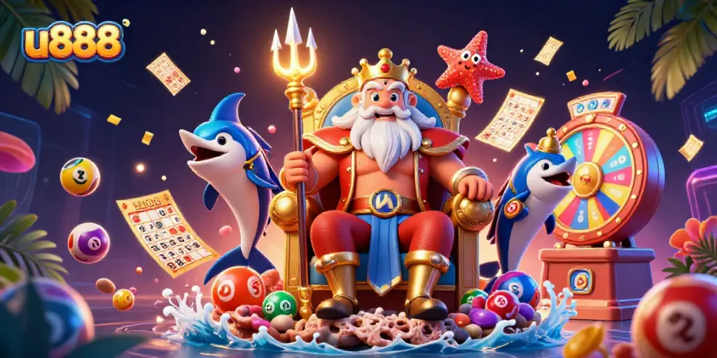 Win big with u888 in a vibrant, colorful lottery-themed 3D illustration featuring Neptune and friends.