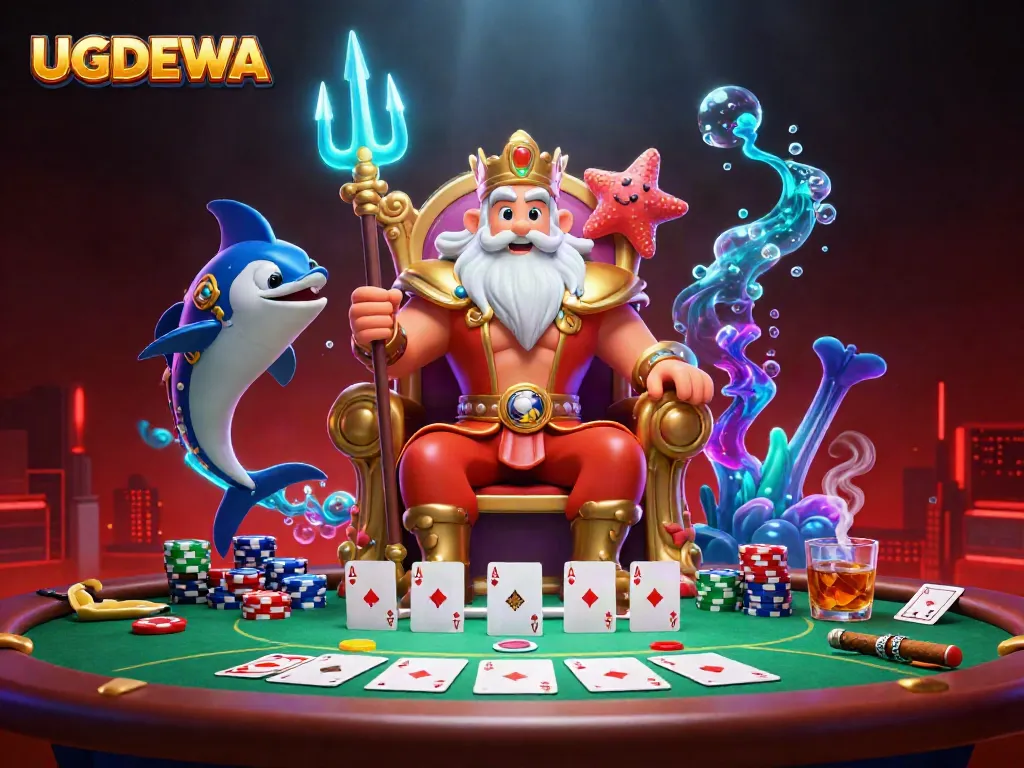 Experience thrilling poker action with UGDEWA in a vibrant underwater casino scene featuring Neptune and dynamic game elements.