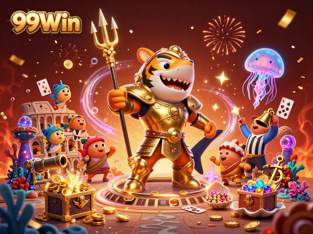 Experience thrilling wins at 99Win with a lively underwater casino scene featuring a tiger shark gladiator.