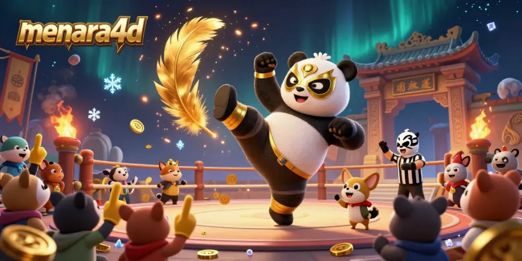Experience the excitement at menara4d with a vibrant scene featuring a panda wrestler and chihuahua referee amidst wild animal spectators.