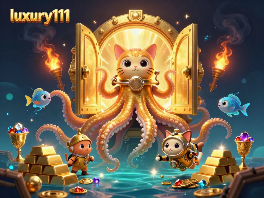 Engage with luxury111's gaming experience featuring a colossal kraken, vintage diving cat, and treasures galore.