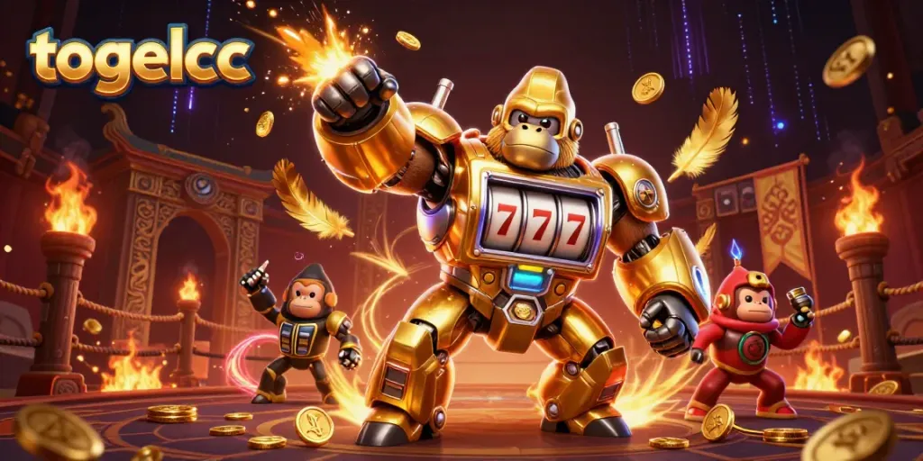 Experience excitement with togelcc as a golden gorilla mech unleashes coins in a vibrant casino scene.