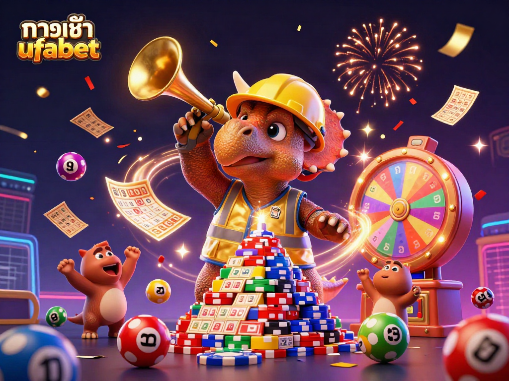 Engage with ทางเข้า ufabet as a triceratops builds a poker chip pyramid alongside celebrating dinosaurs in a vibrant casino scene.